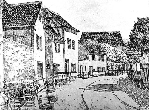 Alte Häuser am Mühlbach im Stadtzentrum, gezeichnet um 1912 